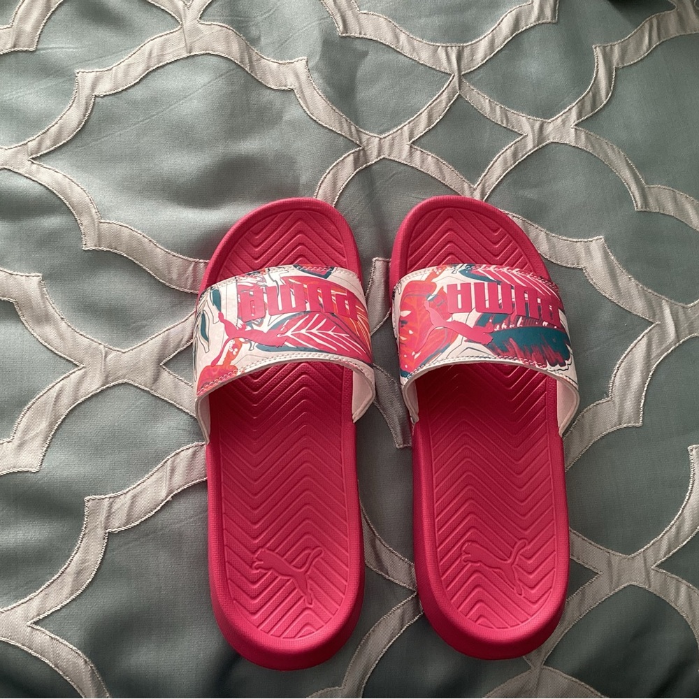 Puma Vibrant Pink Slides with Patterned Strap